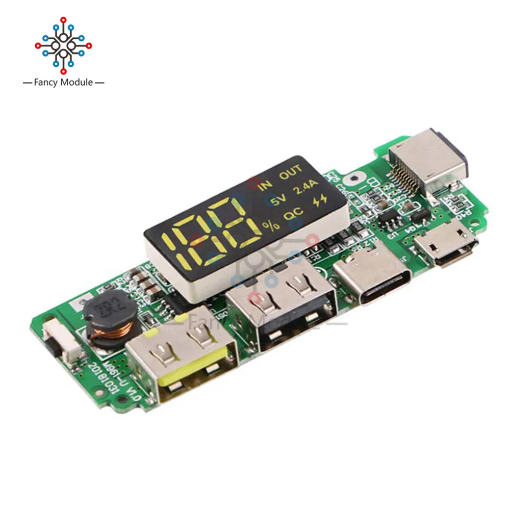

LED Dual USB 5V 2.4A Micro/Type-C/Lightning USB Power Bank 18650 Charger Board Overcharge Overdischarge Short Circuit Protection