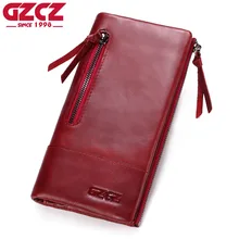 GZCZ Genuine Leather Wallet Female Coin Purse Women Wallets Double Zipper Clamp For Money Clutch Long Walet Woman Portomonee