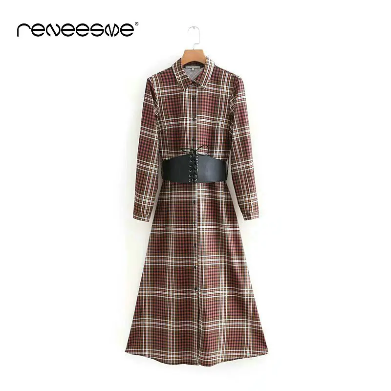 Новые осенние Для женщин Винтаж Plaid Midi платье пояса с отложным воротником и