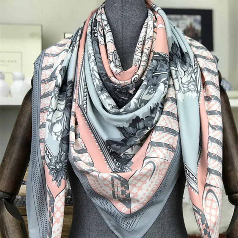 Женские модные шелковые шарфы с цветочным принтом 130 квадратное украшение для шарфа головной убор подарок платок высокого качества шаль - Цвет: Серый