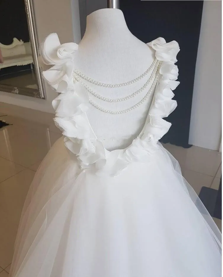 Белое платье с цветочным узором для девочек на свадьбу, кружевное фатиновое платье принцессы с оборками и жемчугом, с открытой спиной, детское платье для свадьбы, дня рождения