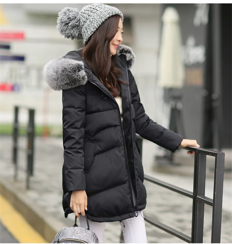Новинка, корейский стиль, женская зимняя куртка, повседневный Свободный плащ, пуховик, большой меховой воротник, с капюшоном, элегантное свободное пуховое пальто, ST375