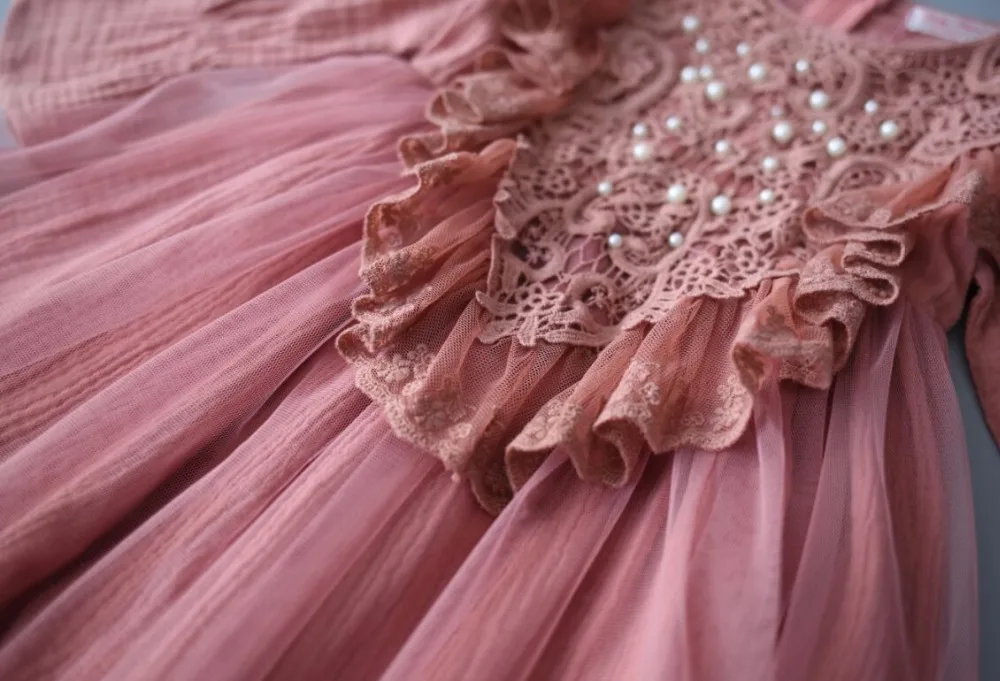 Новые осенние милые кружевные сетчатые платья для девочек вечерние платья принцессы с бисером