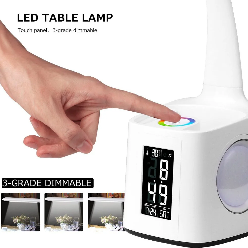 Günstig WoodPow LED Flexible Arm Schreibtisch Lampe Mit Bildschirm Kalender Bunte RGB Nacht Licht Dimmbare USB LED Tisch Lampe Für Kinder studie