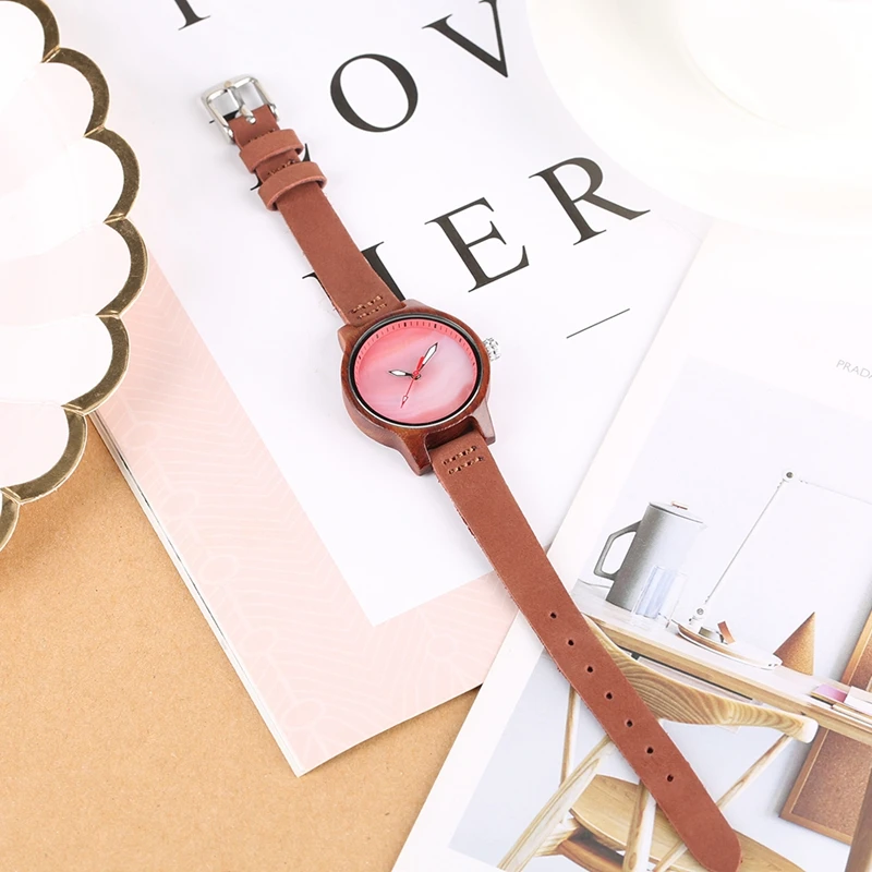 Unique Women Watch Wood Luxury Coral Blue Chic Red Casual Quartz Wooden Clock For Women Genuine Leather Wrist Watch Reloj Mujer 2019 2020 2022 (10)