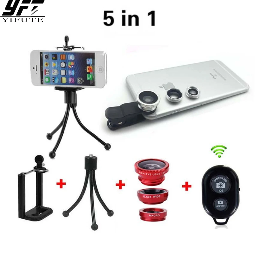 

5in1 Mobile Phone Camera Kit 3in1 Lens Fisheye + Wide Angle + Macro Lenses Bluetooth Remote With Tripod For iPhone Samsung HTC