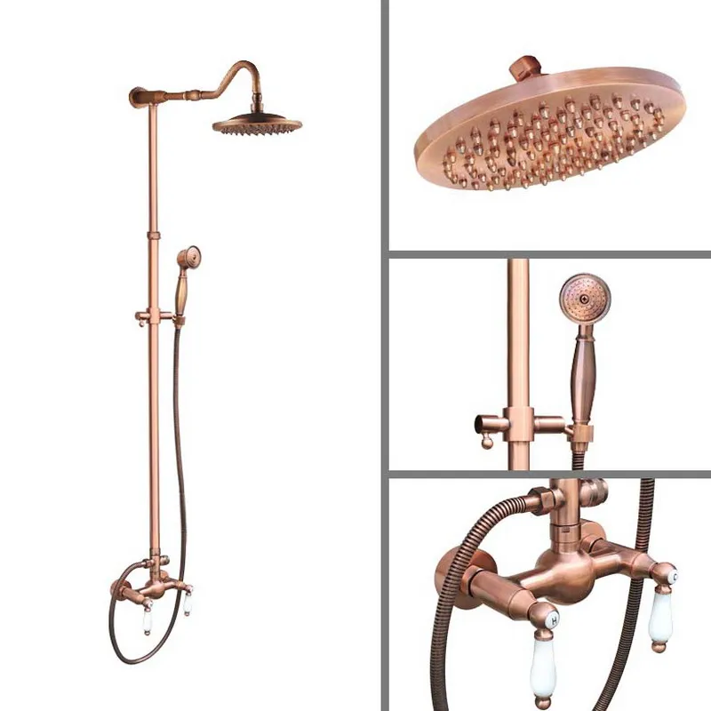 

Red Antique Copper Wall Mount Bathroom Rain Shower Head Handshower Head Rainfall Shower Faucet Set Dual Handle Mixer Tap arg613