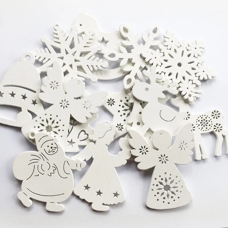 

10pcs/set White Christmas Tree Ornament Wooden Hanging Pendants Angel Snow Bell Elk Star New Year Home Decorations