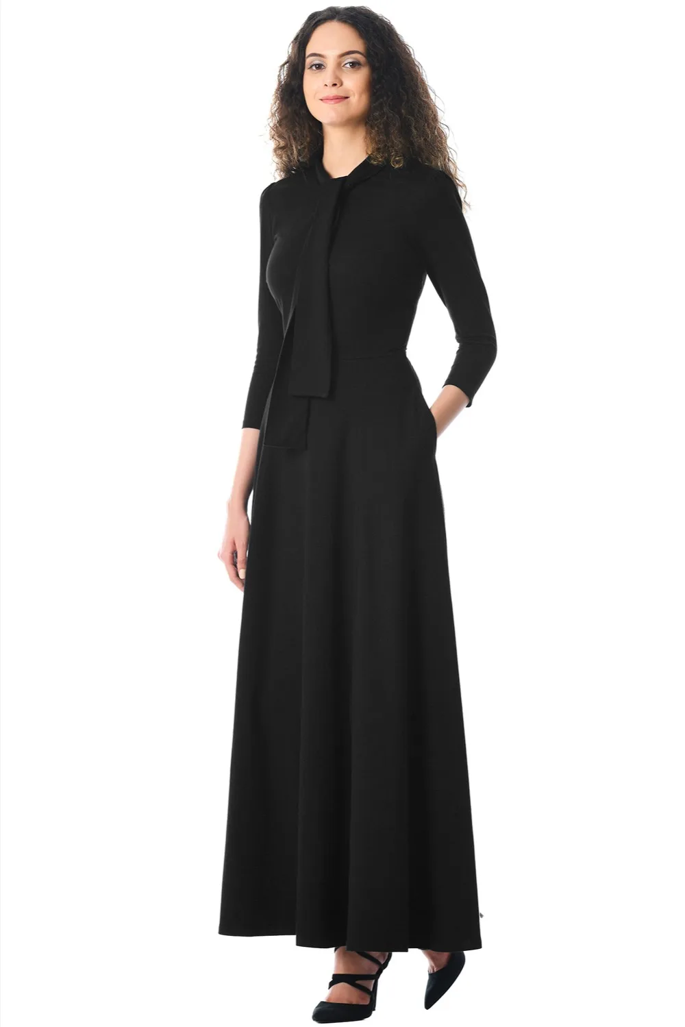 Black-Pocketed-3-4-Sleeves-Tie-Neck-Maxi-Dress-LC610398-2-4
