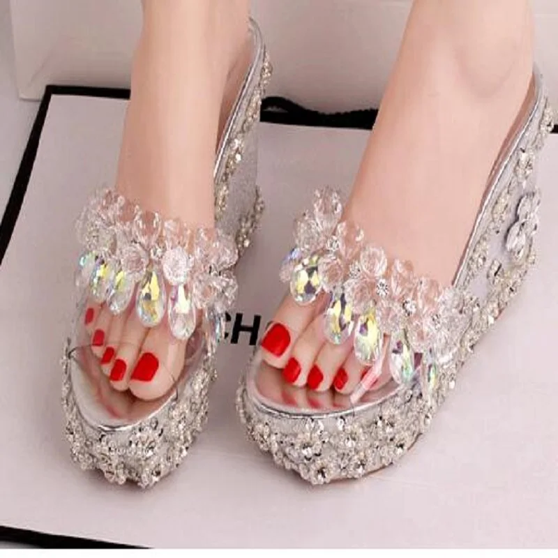Plattform One white Neue Kristall Keile One Hausschuhe Four Sommer Unteren silver Four Two Frauen Die Hohe white Strass white One Pink Ferse Öffnen Sandalen Stroh pink Three Handarbeit Berg Kappe silver Two pink 2019 Three pink 8xdwB11