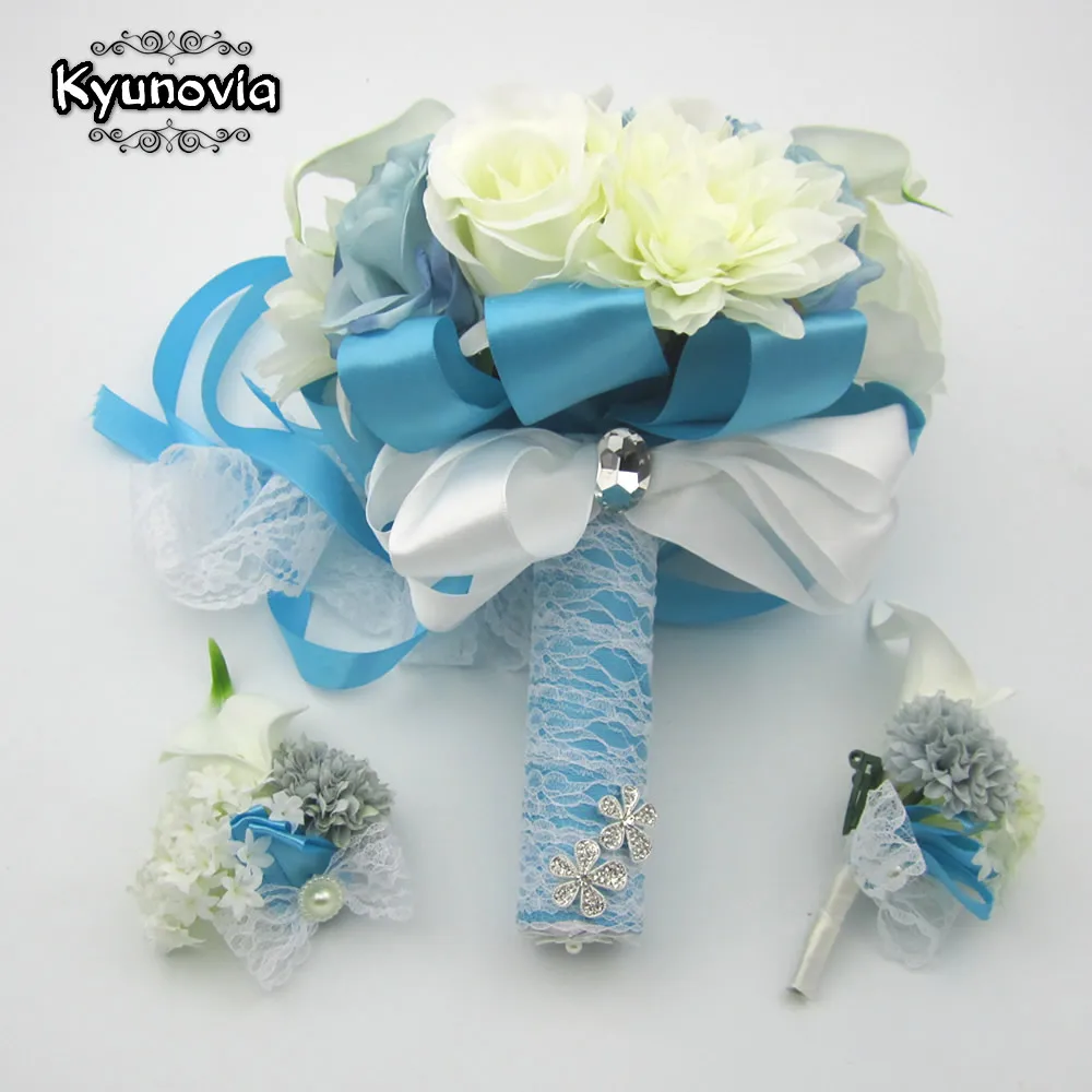 Kyunovia Свадебный букет цветов синий цвет розы свадебные аксессуары, букеты искусственный цветок букеты для свадьбы FE16