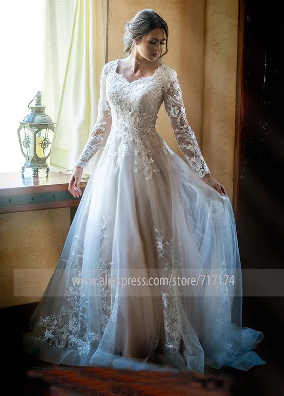 Vestido de novia свадебное платье трапециевидной формы с v-образным вырезом и длинными рукавами, кружевная отделка бисером и пуговицами