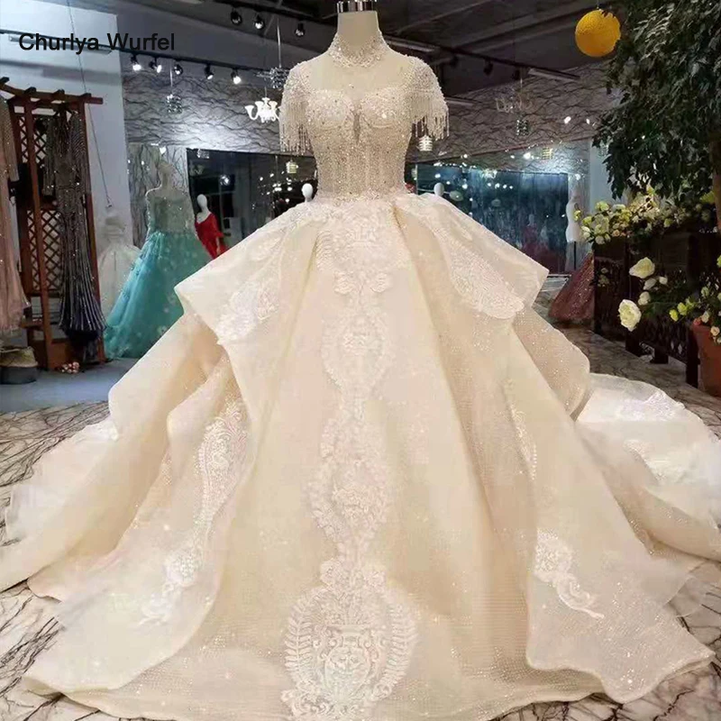 

LSS256 champagne elegant wedding dresses more layer puffy skirt beaded sleeves high neck shiny train wedding gown 11.11 discount
