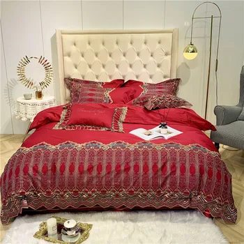 

Red Luxury 80S Egyptian cotton European Wedding Bedding Set Lace Duvet Cover Bed Sheet Bed Linen Pillowcases Queen King 4/5pcs
