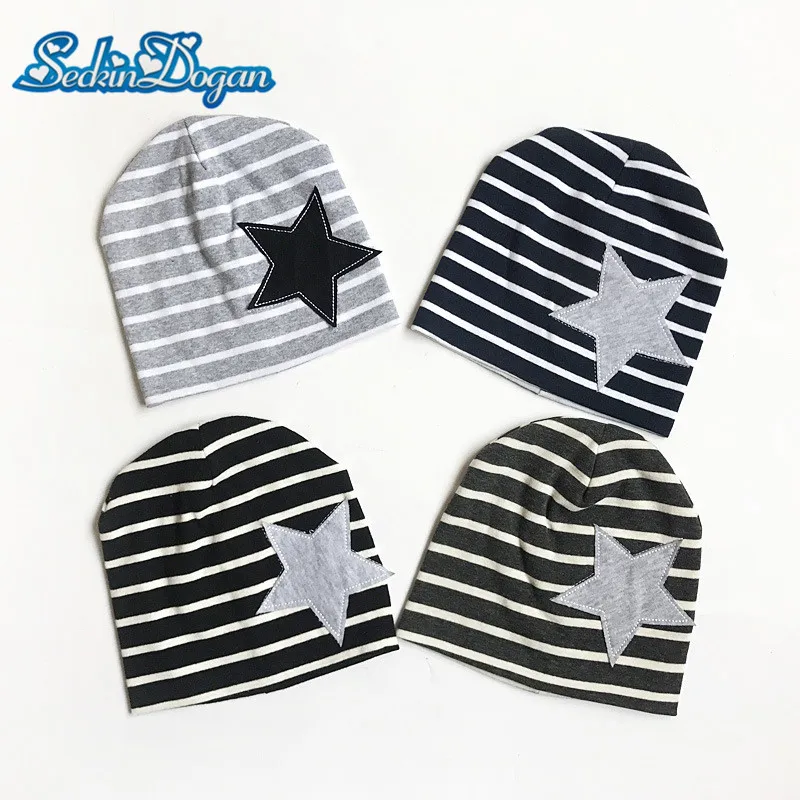 

SeckinDogan Baby Hat Casual Striped Cotton Kids Cap Breathable Elastic force 3D Star Pattern Children Spring Beanie