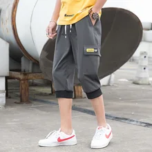 Летние мужские брюки; Мужские Брюки с карманами; брюки с эластичной резинкой на талии; брюки до середины икры; повседневные мужские брюки