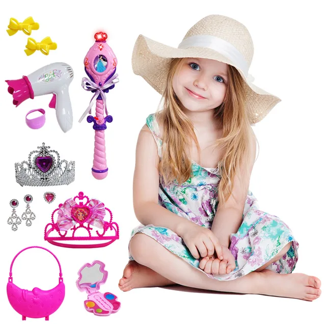 Kids Toys Set Girls Make Up Dress Up Makeup Hair Dryer Crown Pretend Play Toy Cosmetic Set