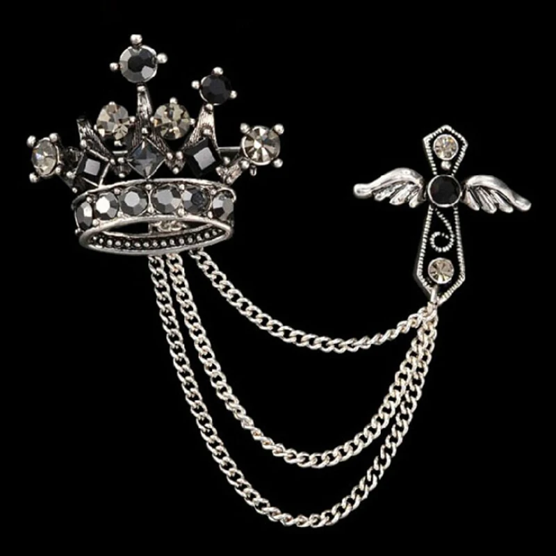 2016 New Men Brooch Groom Rhinestones Crown Cross Brooches Fine Men