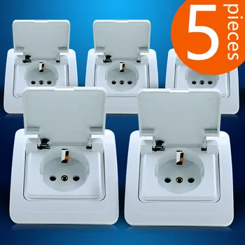 

5 Pieces EU Regulations Standard Wall Power Splash Socket Power Outlet With Cover Waterproof OA810FC