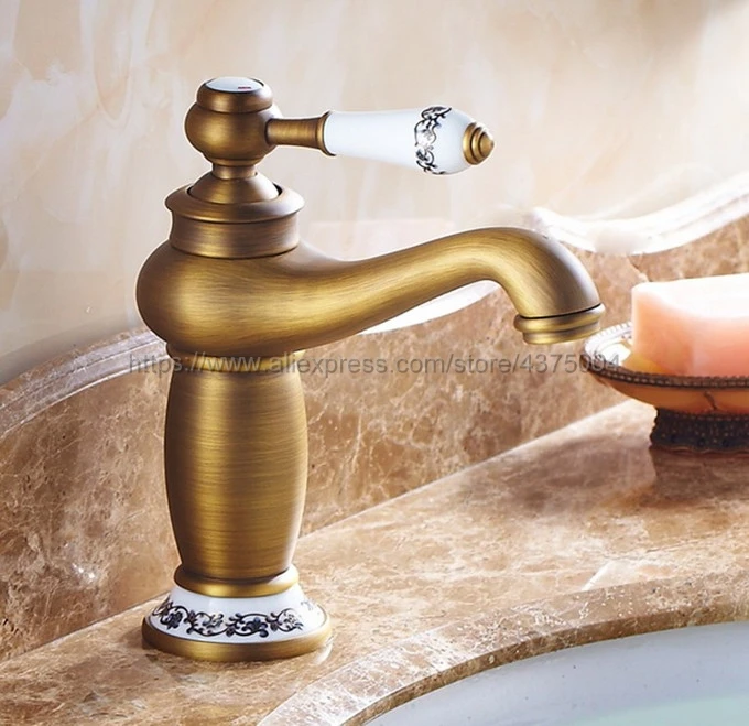 

Retro Style Antique Brass Bathroom Sink Basin Faucet Single Ceramic Handle Single Hole Deck Mounted basin tap Nnf503