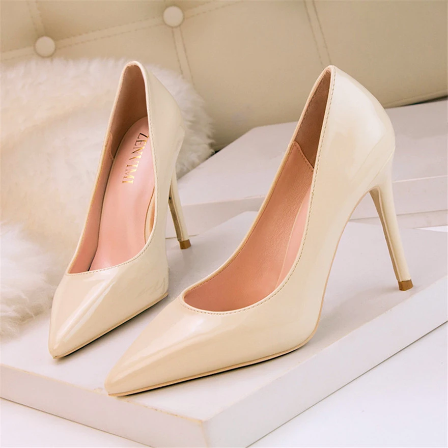 

Hot Selling Women Shoes Pointed Toe Pumps Patent Leather Dress Apricot 10CM High Heels Shoes Concise Shallow Female Office Shoes