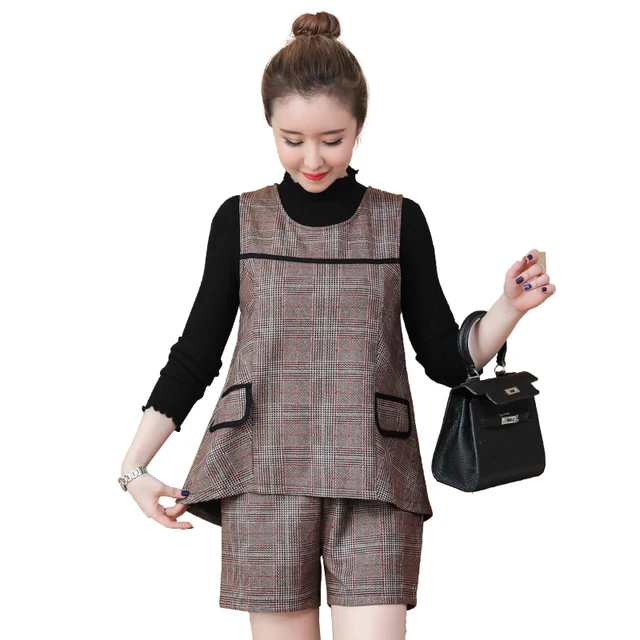 Special Offers Women's Plus Size Top + Two-piece Suit 2018new Autumn Long Sleeve Shorts Plaid Shirt Suit Ladies Elegant Office Two Piece Set