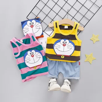 

Cool fashion vest baby boy summer outfits doraemon print stripe kids clothes