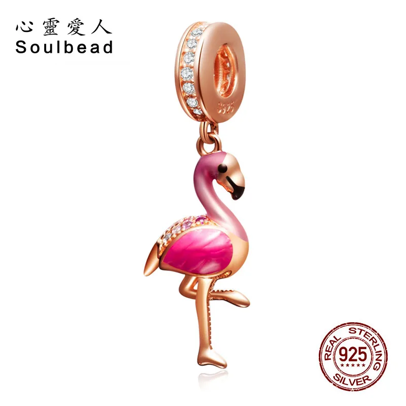 Soulbeads стерлингового серебра 925 пробы с эмалью розовое золото Висячие Фламинго