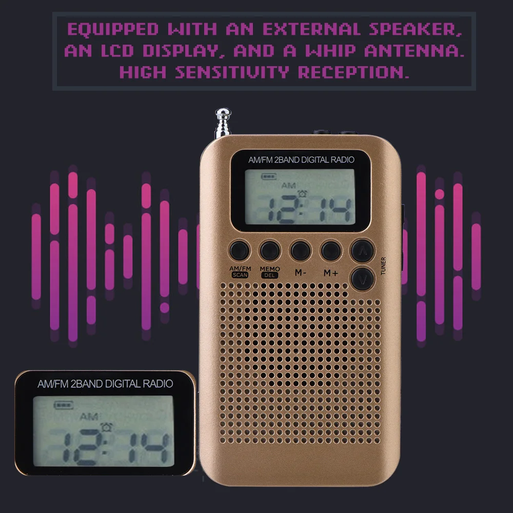 SOONHUA Digital Radio 2 Band 8UV Stereo Radios Digital Tuning Radio AM/FM Decoding Pocket Radios Gold