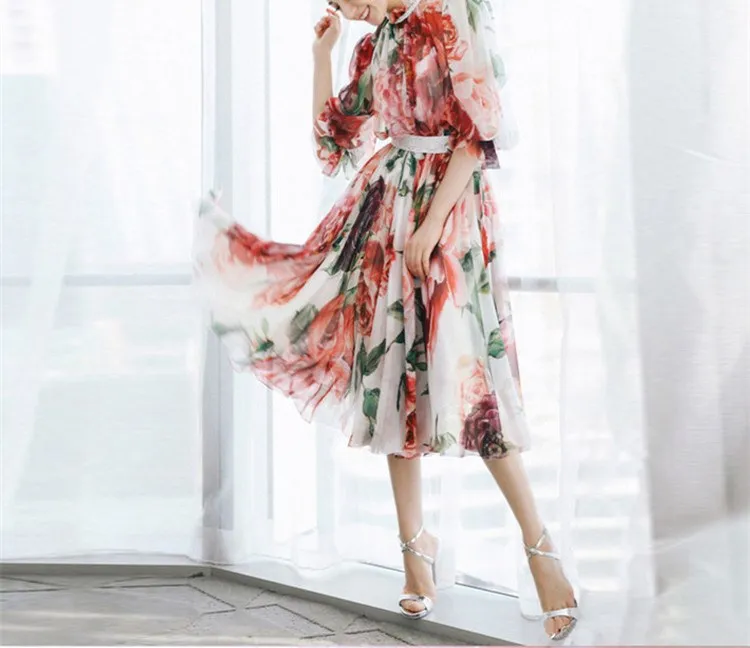 

2019 Summer Women Flower Print Beach Dress Fashion High Quality Boho A-Line Floral Chiffon Dress Elegant Puff Sleeve Party Dress