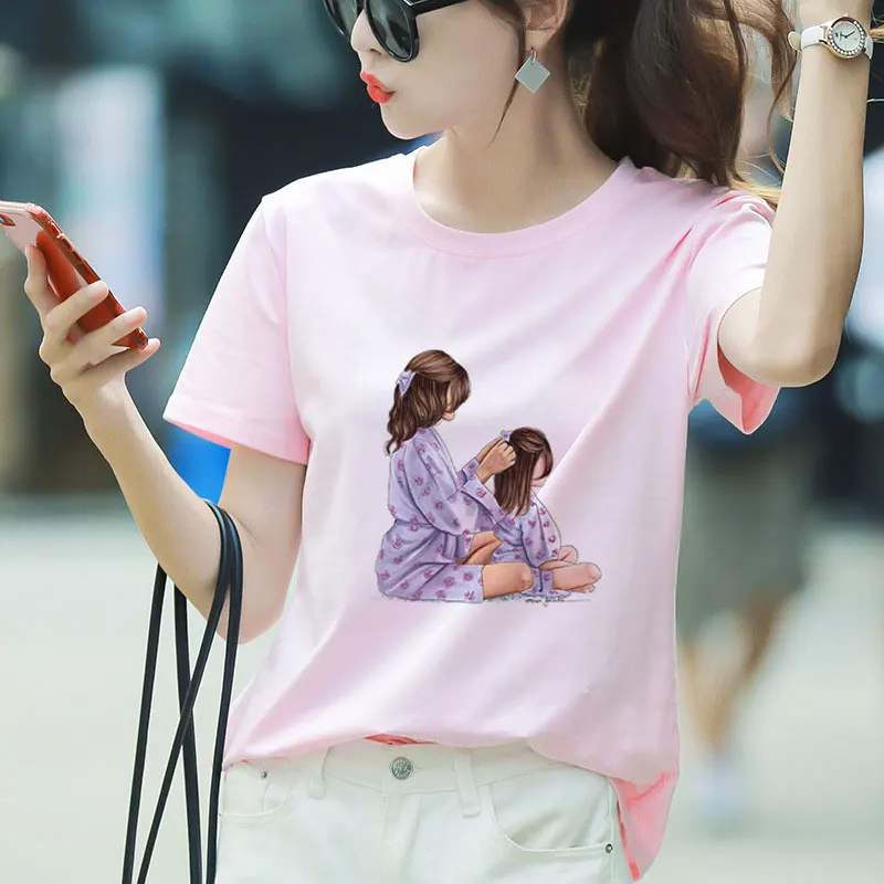 

Summer New 2019 Harajuku Kawaii Mother's Day Aesthetic Vintage Pink Couple T Shirt Women Vogue Casual Print Short Sleeve Top