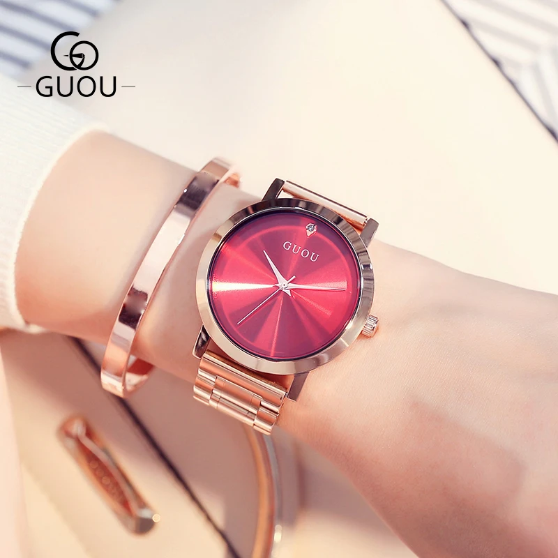 GUOU новые часы Роскошь розовое золото Для женщин часы модные современные кожаные женские часы подарок для девушки montre femme relogio feminino
