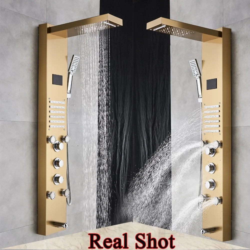 Светодиодный душ для ванной, душевая панель, Золотой водопад, дождевая душевая колонка, кран, Цифровой температурный экран, Душевая система, смеситель для ванны, носик