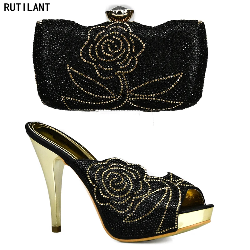 

New Arrival Black Color Italian Ladies Shoe and Bag Set Decorated with Rhinestone Party Shoe and Bag Set Bag and Shoes Set Italy