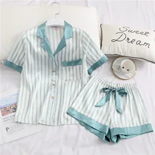 Летние Новые ледяные шелковые удобные нагрудные с коротким рукавом женские пижамы полосатые тонкие секционные дышащие пижамы