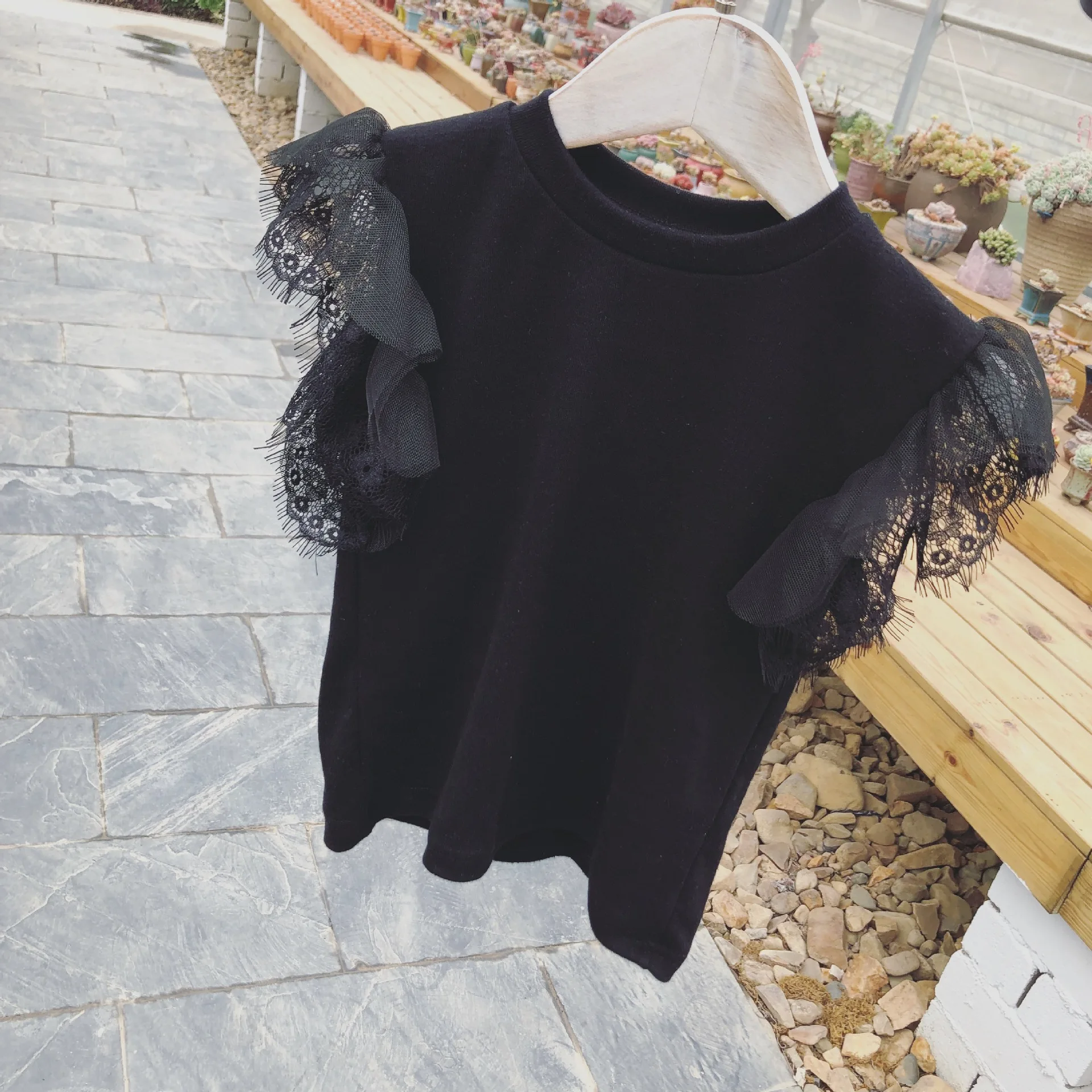 

Baby girl tops summer cotton black toddler tshirt lace sleeve children