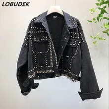 Весенне-осенняя тонкая Свободная джинсовая куртка, корейское производство, Стильное женское джинсовое пальто черного, красного, синего цвета с заклепками, Модная Джинсовая Верхняя одежда в стиле хип-хоп