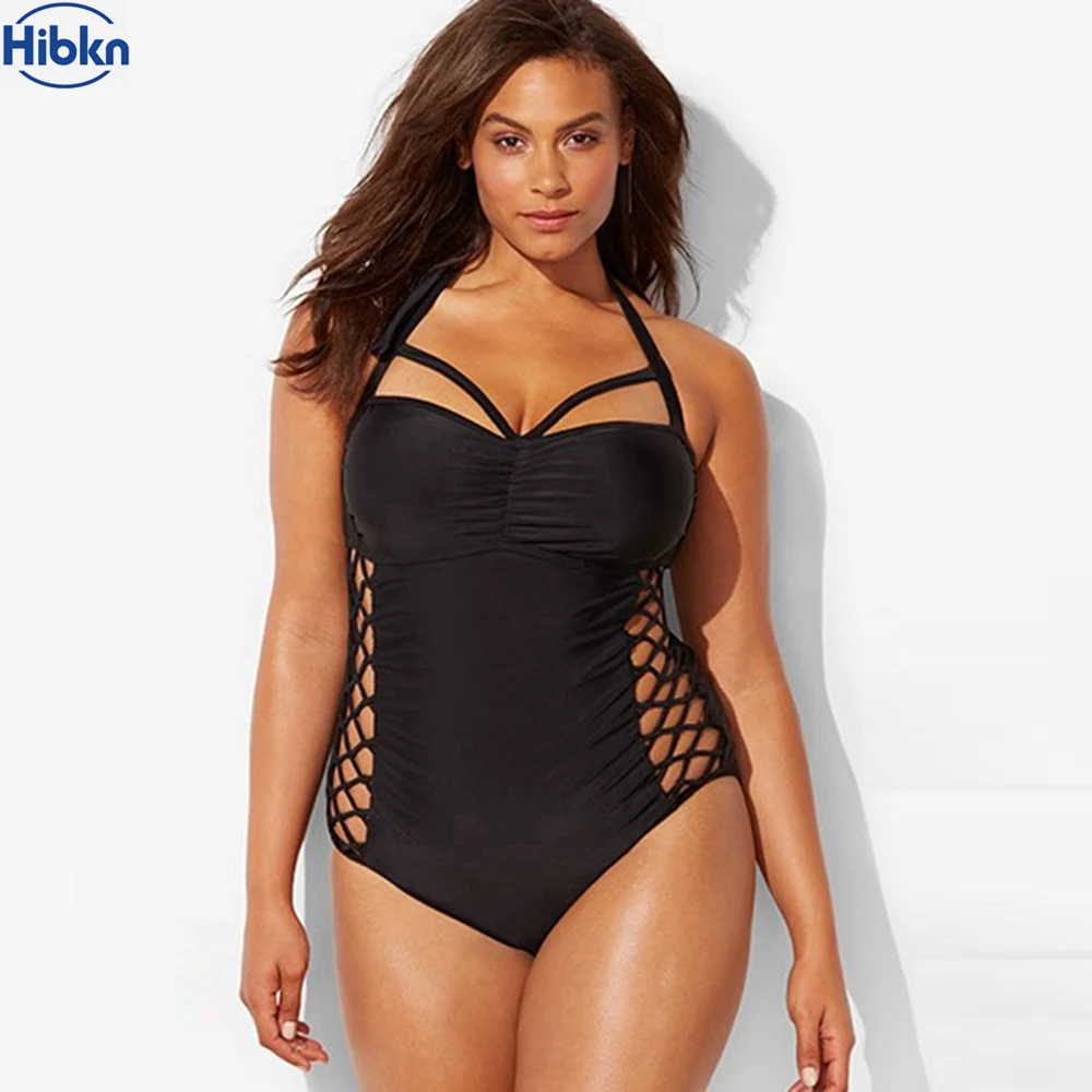 PLUS SIZE one piece swimsuit black bandage swimwear large sizes cut out monokini plus size