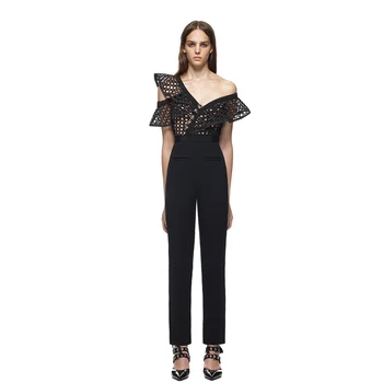 

2019 Jumpsuit Sexy Celebrity Backless Patchwork One-Shoulder Hollow Out Women Ruffles See-Through Body con Jumpsuit Wholesale