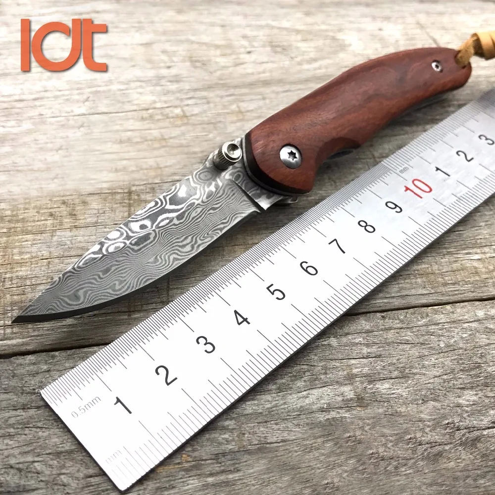 Baratos LDT cuchillo plegable Original Damasco hoja palisandro mango de acero al aire libre bolsillo Camping cuchillos caza supervivencia cuchillo EDC herramientas