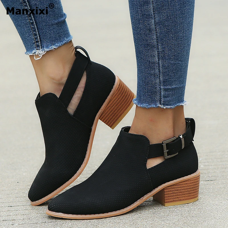 

Booties woman 2018 autumn new fashion female shoes pointed hollow belt buckle boots plus women's boots ankle boots for women