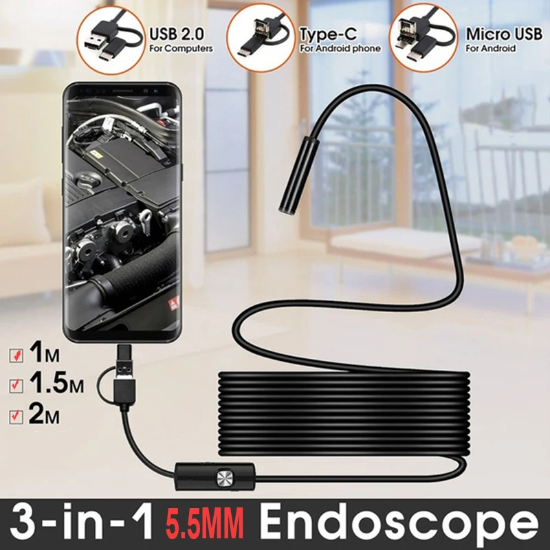 

2m 1.5m 1m Mini 5.5mm Lens Snake Endoscope Camera Hard Semi-rigid Borescope Car Inspection Camera for Smartphone Android PC