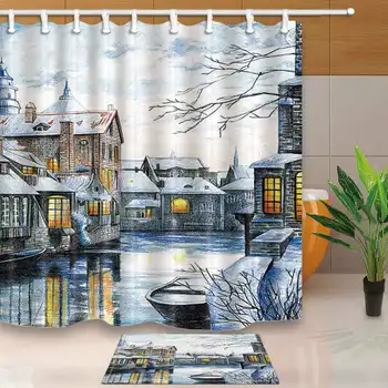 

High Quality Shower Curtains Water Town Ink Painting Bath Screen Polyester Fabric Waterproof and Mildew Proof with Plastic Hooks