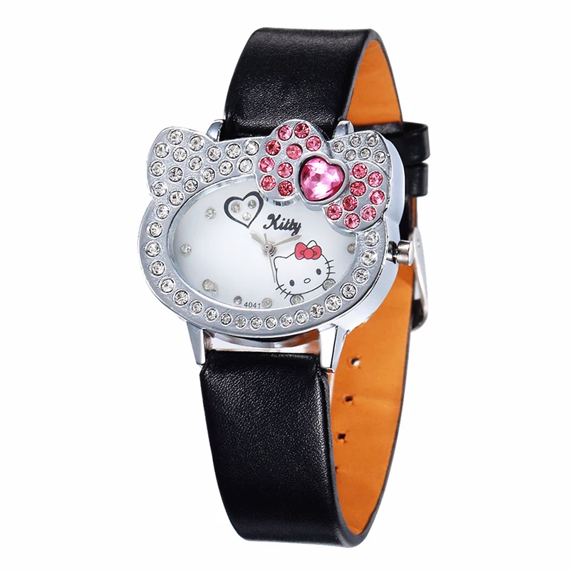 Модные кожаные для женщин часы милый рисунок «hello kitty» Стразы Кристалл женские кварцевые часы на запястье повседневное наручные часы