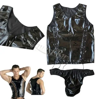 Sexy Macho Fantasy Men Wet Look Shiny Leather Lace Up Vest Top Bodysuit Clubwear with Underwear Briefs Lingerie Set