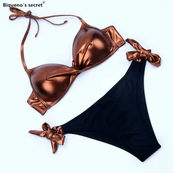

Sexy String Thong Bikini 2019 Gold Swimsuit Women Push Up Swimwear Biquini Halter Top Shiny Beachwear Padded Bathing Suits XXL