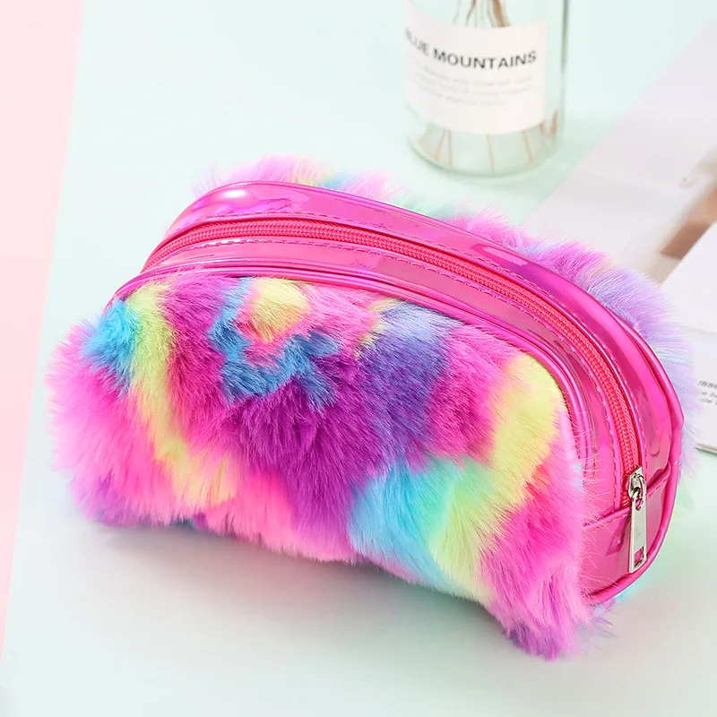 

Kawaii Rainbow Fur Colorful Large Pencil Case For Women School Supplies Pen Pouch Stationery Gift Makeup Storage Cosmetic Bag