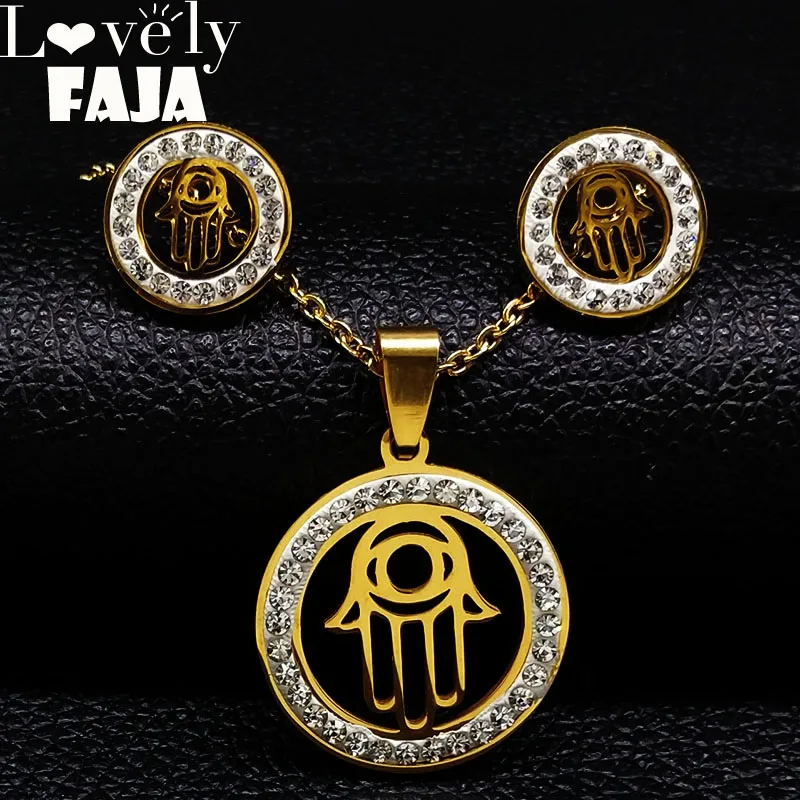 Hamsa Hand Stainless Steel Earrings Necklace Set Crystal Women Gold