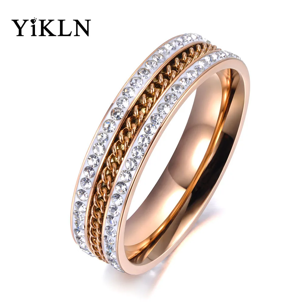 

YiKLN Rose Gold Micro Pave Rhinestone Anniversary Rings Jewelry 316L Stainless Steel Chain Engagement Ring For Women YR19004