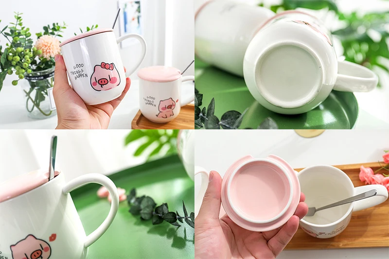 400ml Cute cartoon pink pig ceramic mug with lid spoon,Porcelain Mugs Personality Ceramic Coffee Cup Fun TeaCup Drinkware